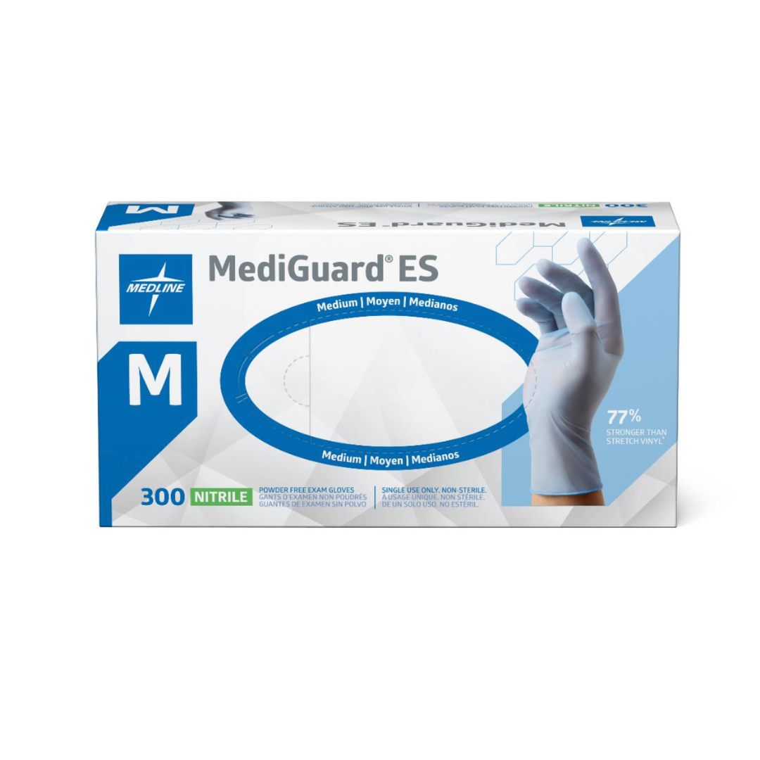 Dispenser box of 300 Medline MediGuard ES Powder-Free Nitrile Exam Gloves, showing a hand wearing a blue glove.